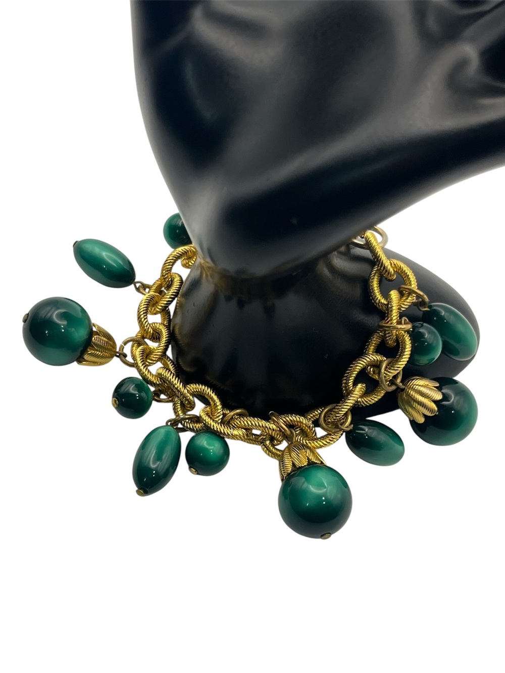 Green lucite cabochon beaded dangle gold tone twist link chain bracelet vintage